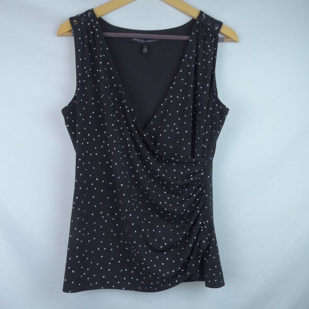 White House Black Market Women's Top Size Large Sleeveless Black Polka Dot Shirt